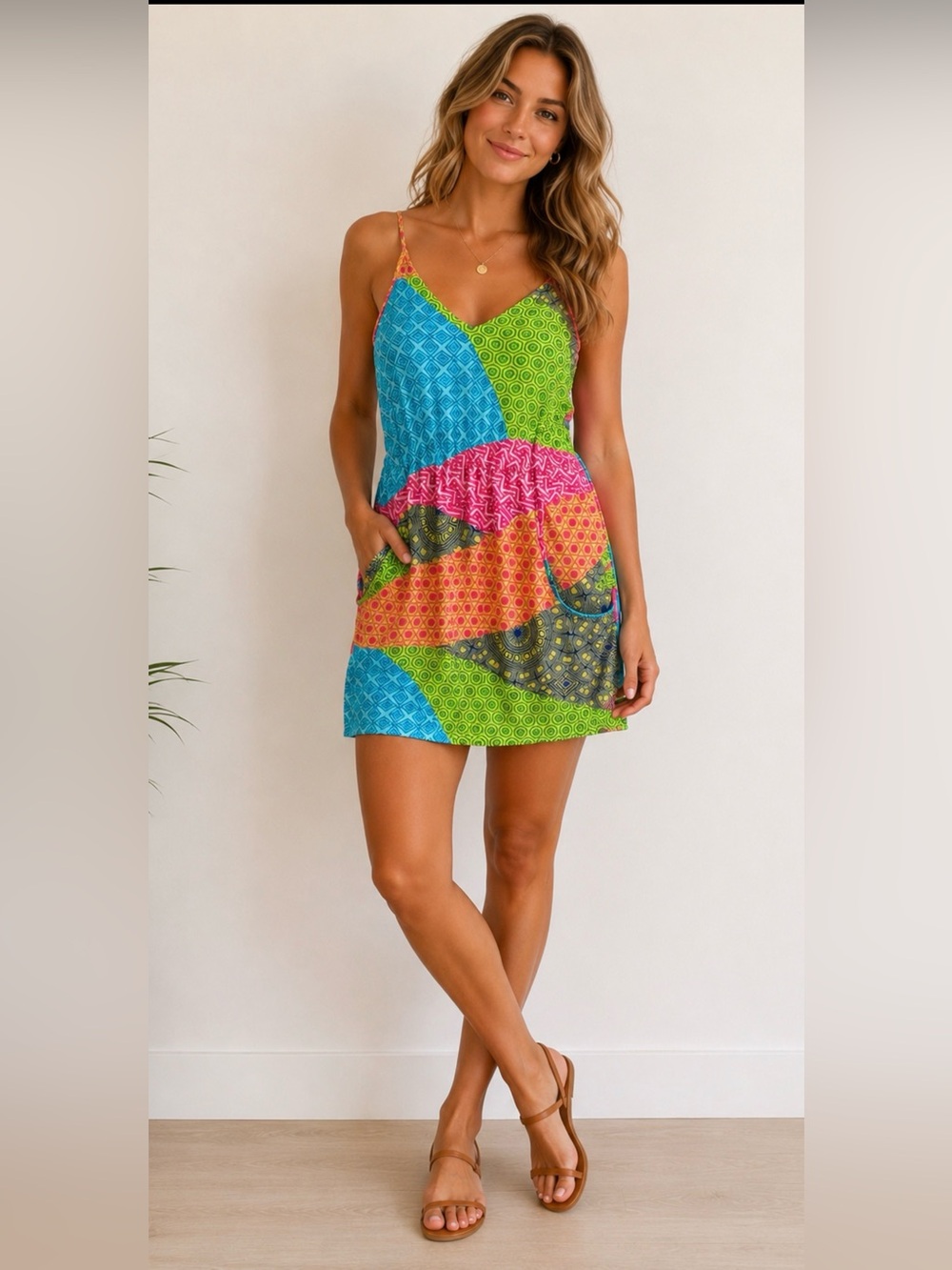 Amanda Uprichard Women’s P/S Multicolor Geometric Silk Mini Dress Patchwork Boho - Picture 5 of 8